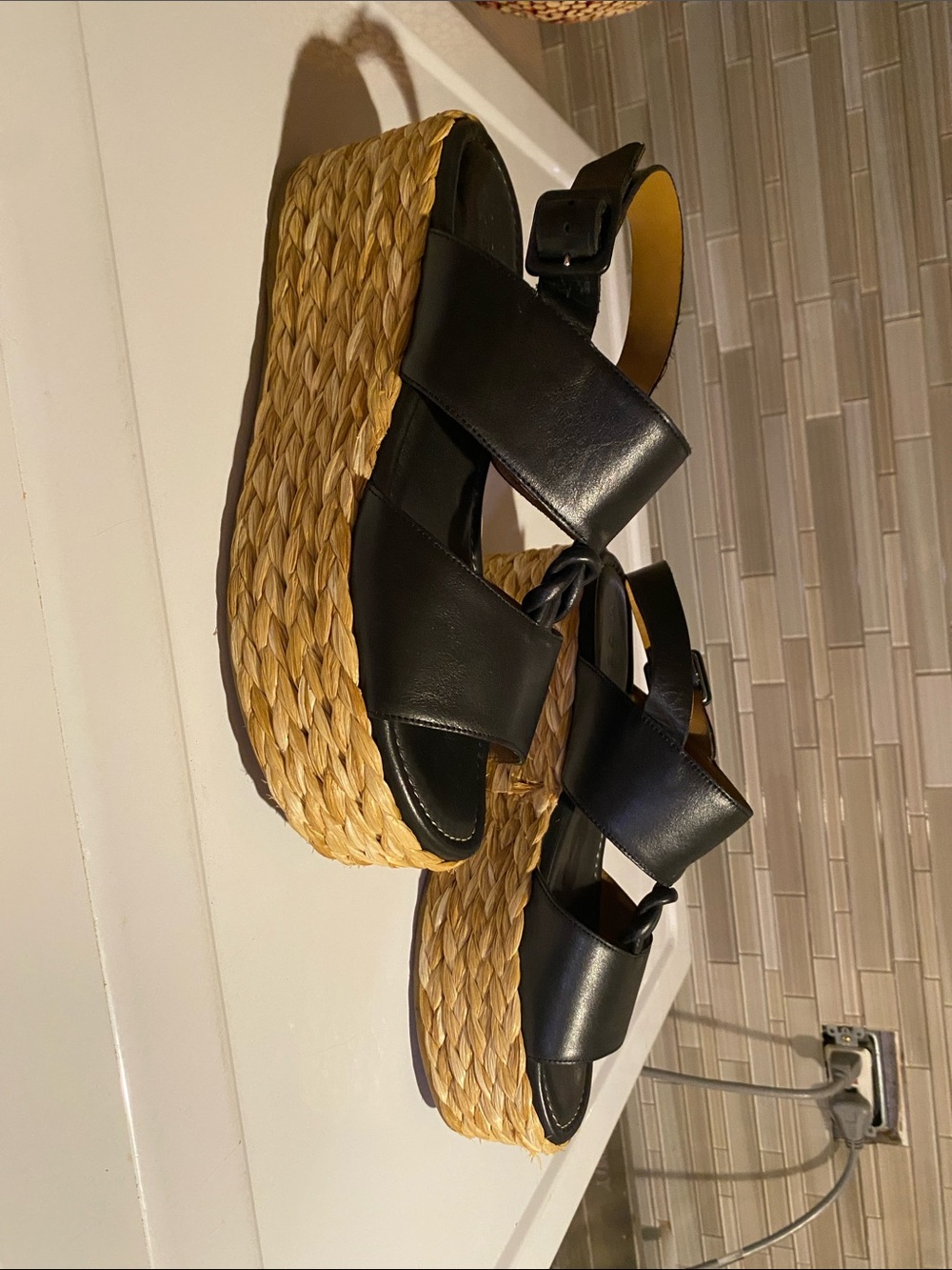 M. Gemi Black Leather Platform Espadrille Sandals with Woven Sole